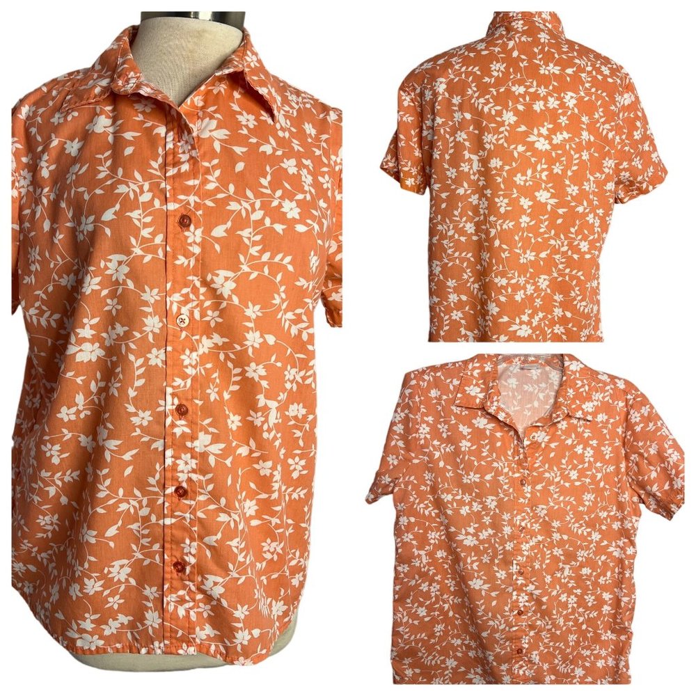 American Sweetheart Blouse M Peachy Orange Short Sleeve Button Up Collar